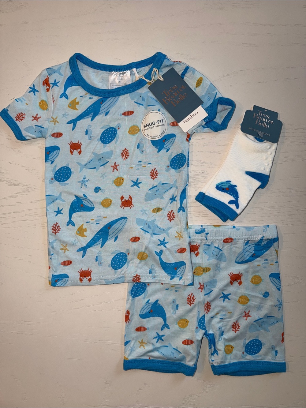 Tres Beau et Belle Ocean Animals Short Sleeve Shorts Pajama Set with Socks 4T